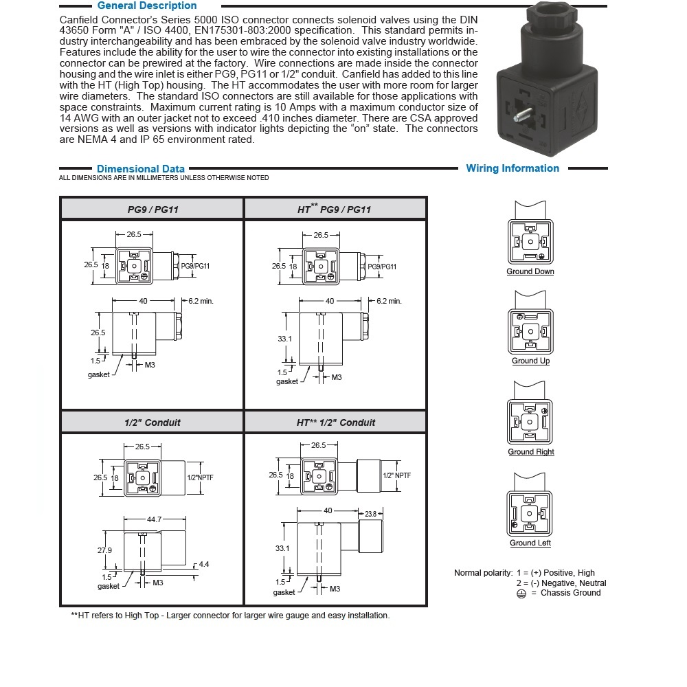 5100-1091000 CANFIELD SOLENOID VALVE CONNECTOR FORM A DIN 3+G PG11 CG FW (BK)
