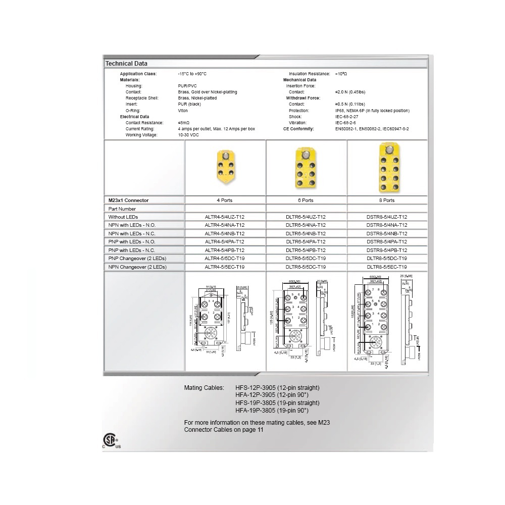 DLTR8-5/5DC-T19 HTM JUNCTION BLOCK 8-5 PIN M12 / 19 PIN M16 TOP EXIT 10-30VDC