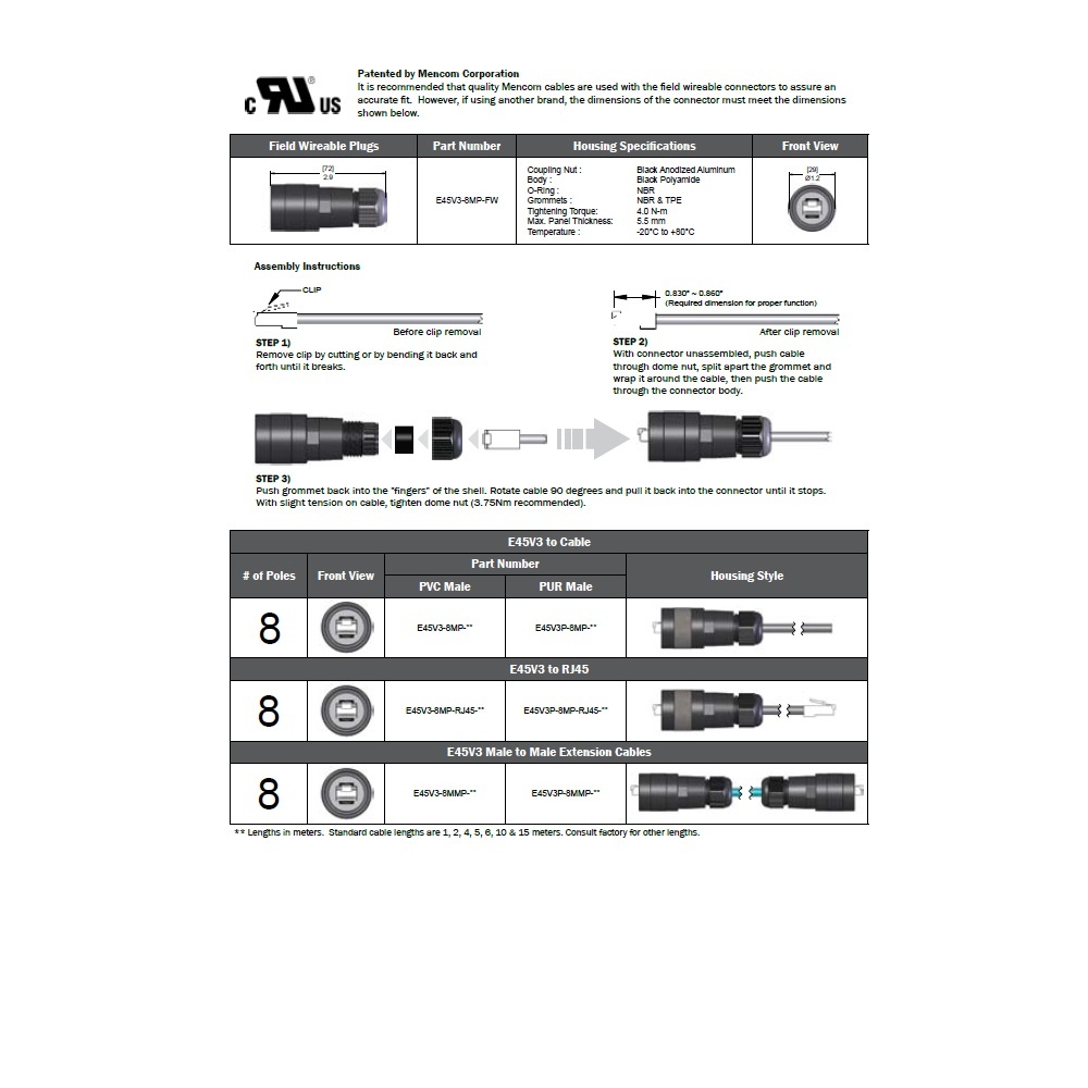 E45V3-8MP-RJ45-10M MENCOM ETHERNET CORDSET 8 PIN RJ45 F/M 10M PVC TEAL HI-FLEX SS 42VAC/DC
