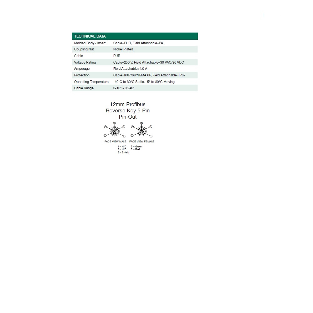 RC0501MHPRA05000 NUMATICS/AVENTICS PROFIBUS/DP CORDSET 5 PIN M12 M/F STR 1M PUR BK 250VAC/DC