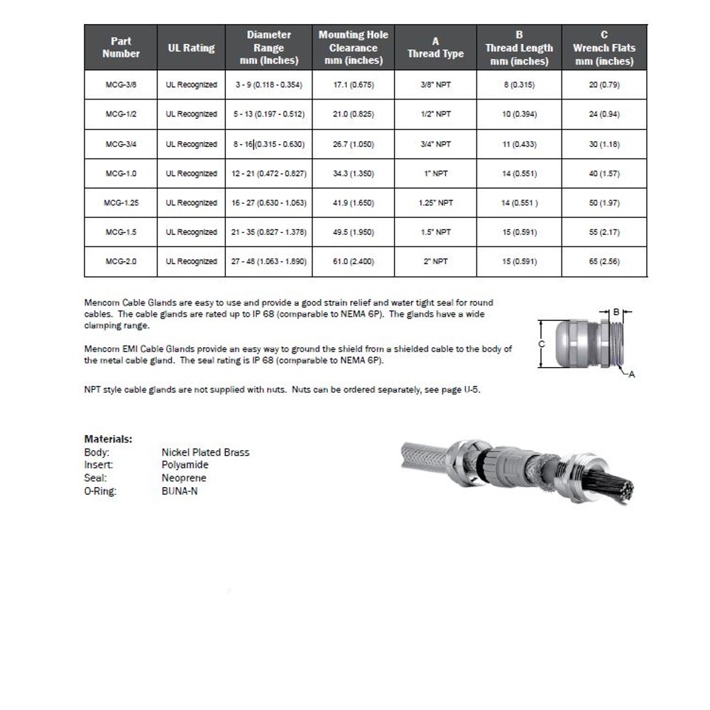 MCG-3/4 MENCOM CABLE GLAND 3/4" NPT MALE THD 8-16MM CG NP BRASS
