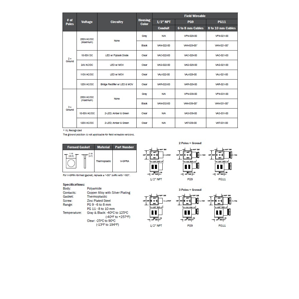 VAN-039-00 MENCOM SOLENOID VALVE CONNECTOR FORM A DIN 3+G PG9 CG 250VAC/DC (BK)