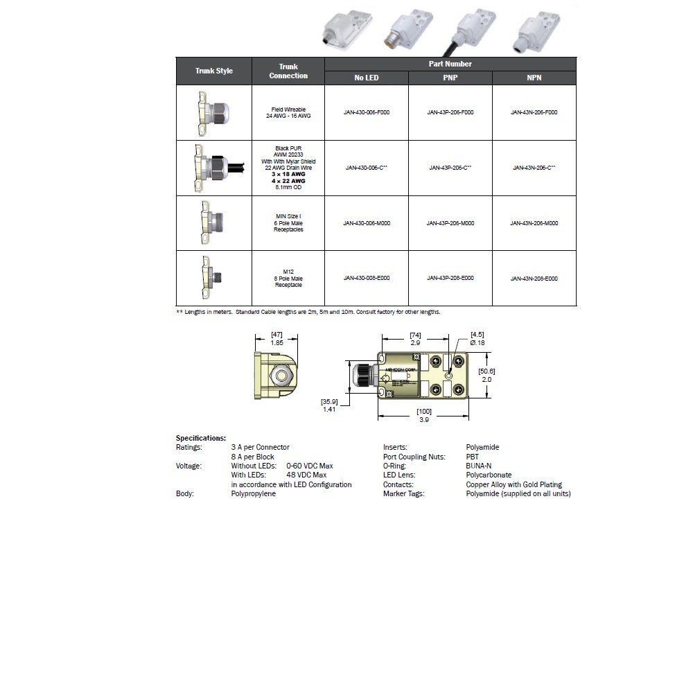 JAN-43P-206-C100 MENCOM JUNCTION BLOCK 4-3 PIN M8 / 10M SIDE PUR BK 60VAC/DC PNP LED