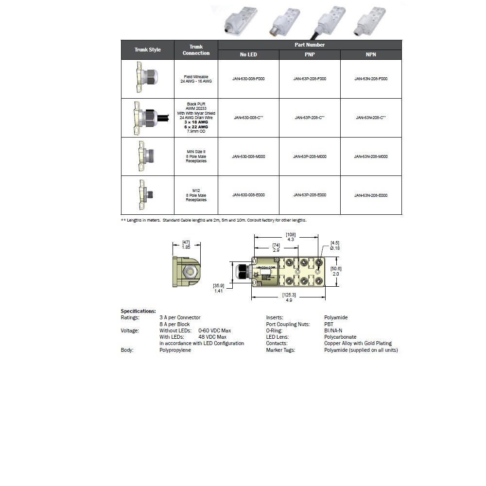 JAN-63P-208-C100 MENCOM JUNCTION BLOCK 6-3 PIN M8 / 10M SIDE PUR BK 60VAC/DC PNP LED