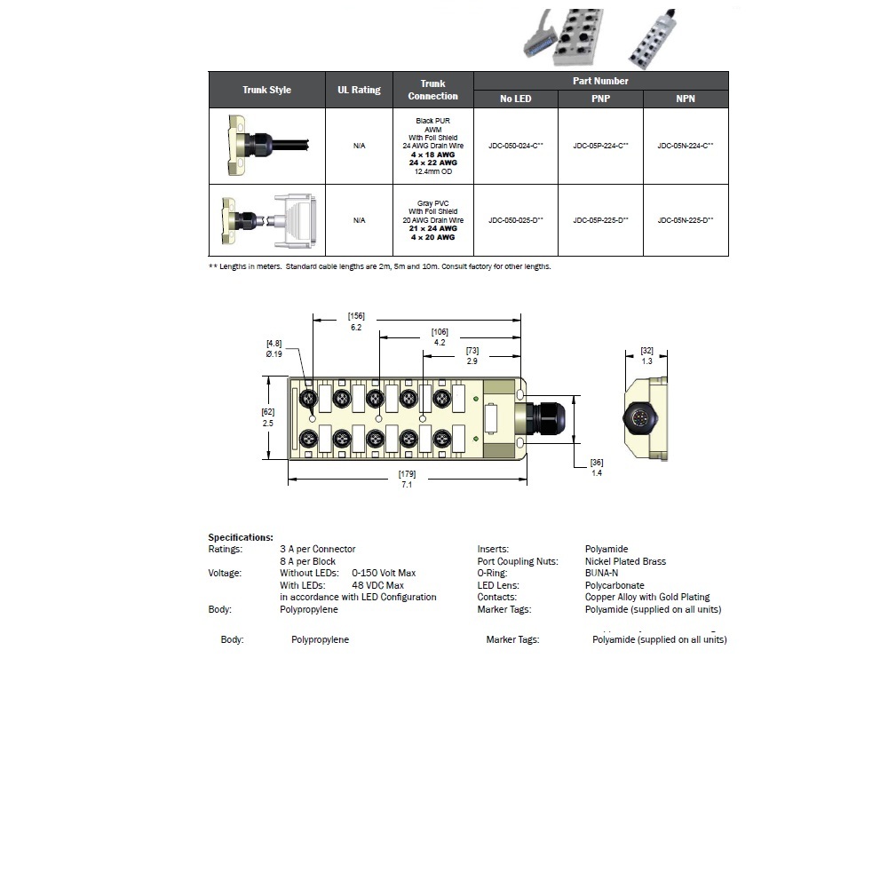 JDC-050-024-C050 MENCOM JUNCTION BLOCK 10-5 PIN M12 / 5M SIDE PUR BK 48VAC/DC