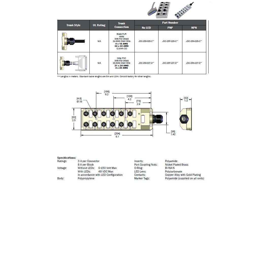 JDC-25P-228-C050 MENCOM JUNCTION BLOCK 12-5 PIN M12 / 5M SIDE PUR BK 48VAC/DC PNP LED