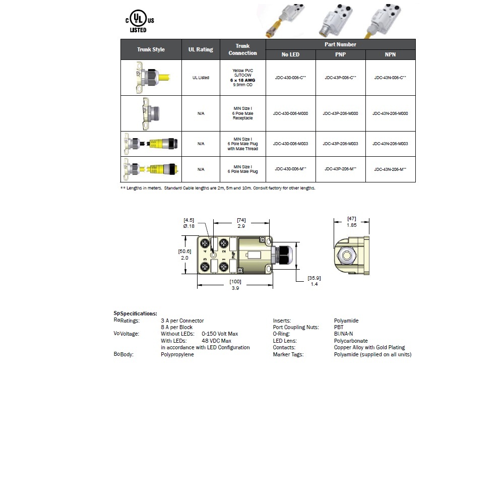 JDC-430-006-M000 MENCOM JUNCTION BLOCK 4-3 PIN M12 / 6 PIN MINI SIDE 48VAC/DC