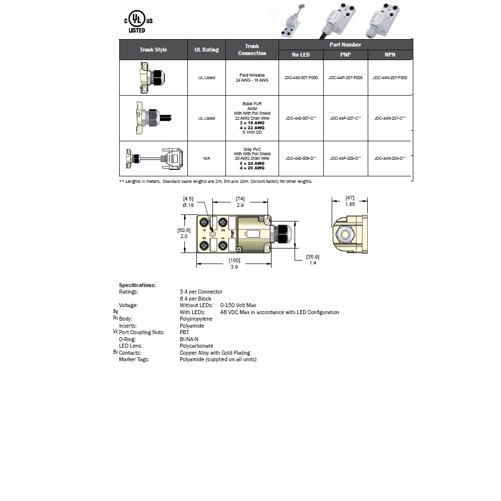 JDC-440-007-F000 MENCOM JUNCTION BLOCK 4-3 PIN M12 / FW SIDE 48VAC/DC