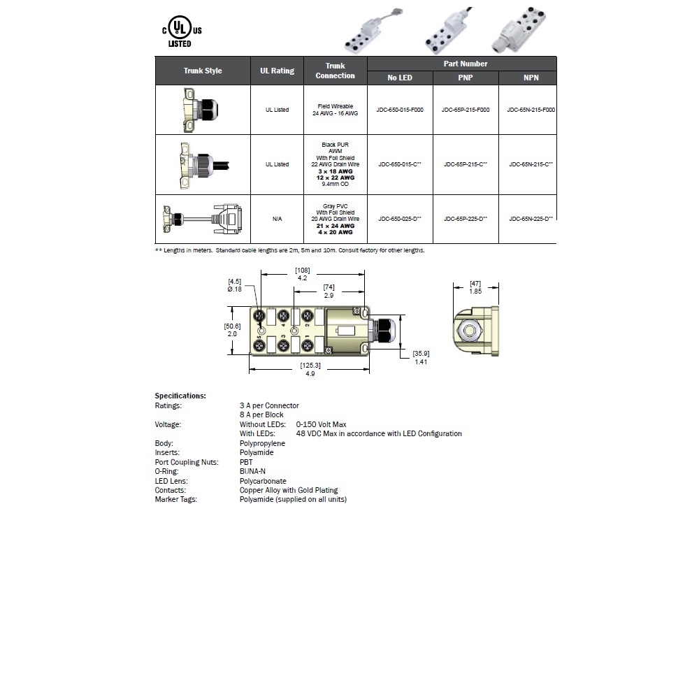 JDC-65P-215-C020 MENCOM JUNCTION BLOCK 6-5 PIN M12 W/ 2M SIDE PUR BK 48VAC/DC PNP LED