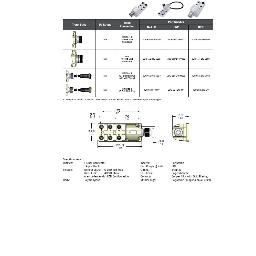 JDC-650-019-V000 MENCOM JUNCTION BLOCK 6-5 PIN M12 / 19 PIN M23 SIDE 48VAC/DC