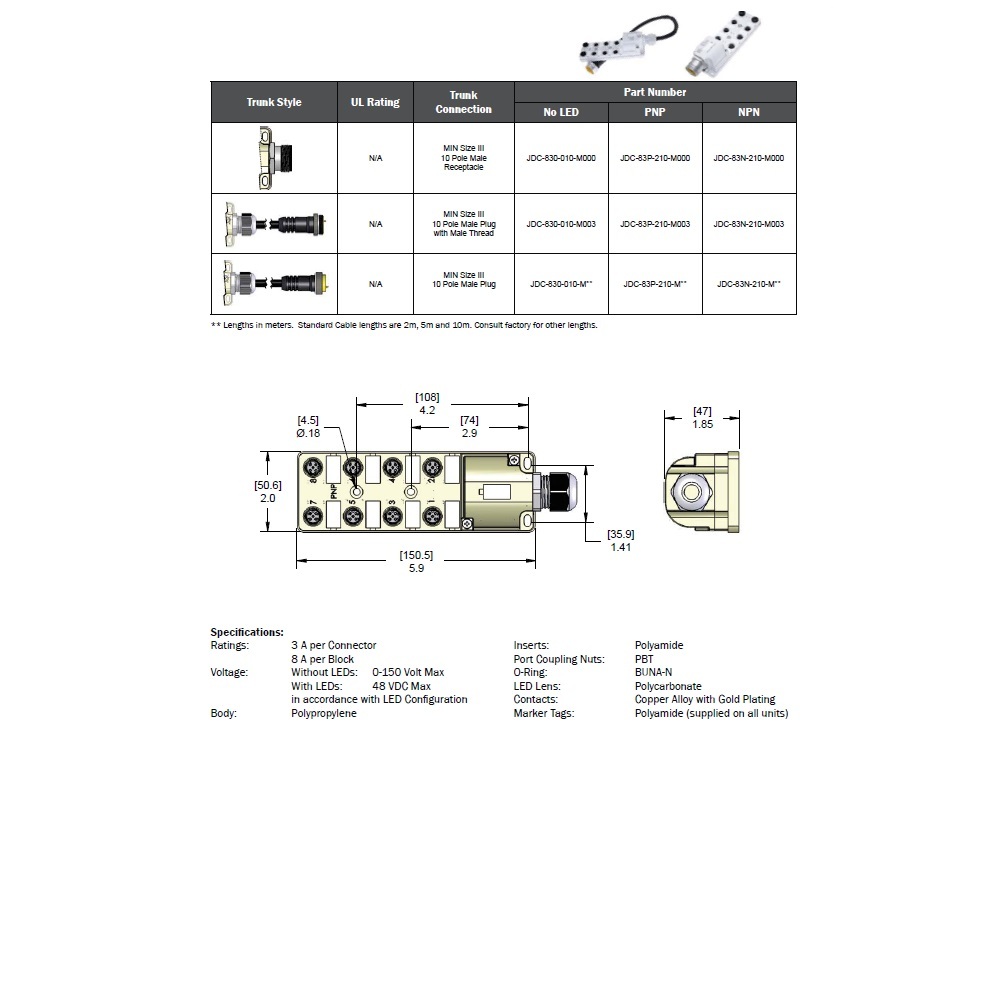 JDC-83P-210-M000 MENCOM JUNCTION BLOCK 8-3 PIN M12 /10 PIN 1 1/8" MINI SIDE 48VAC/DC PNP LED
