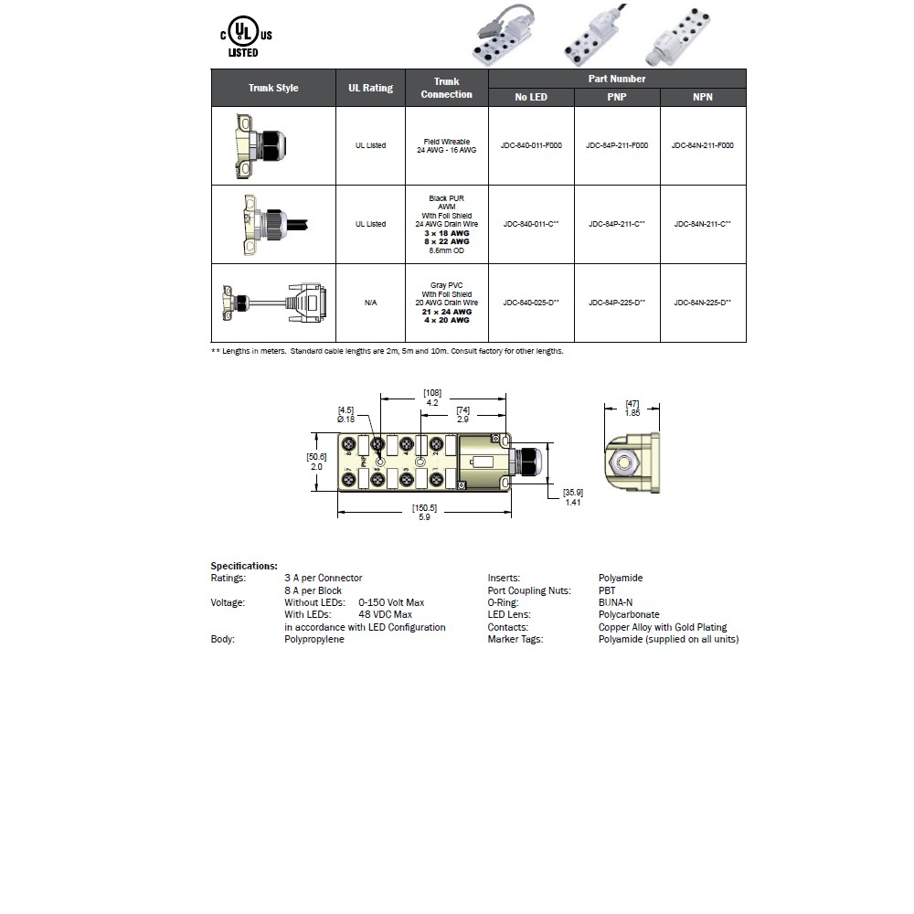 JDC-84P-211-C050 MENCOM JUNCTION BLOCK 8-4 PIN M12 / 5M SIDE PUR BK 48VAC/DC PNP LED