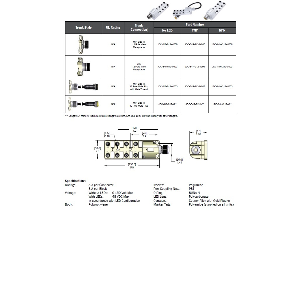 JDC-840-012-V000 MENCOM JUNCTION BLOCK 8-4 PIN M12 / 12 PIN M23 SIDE 48VAC/DC