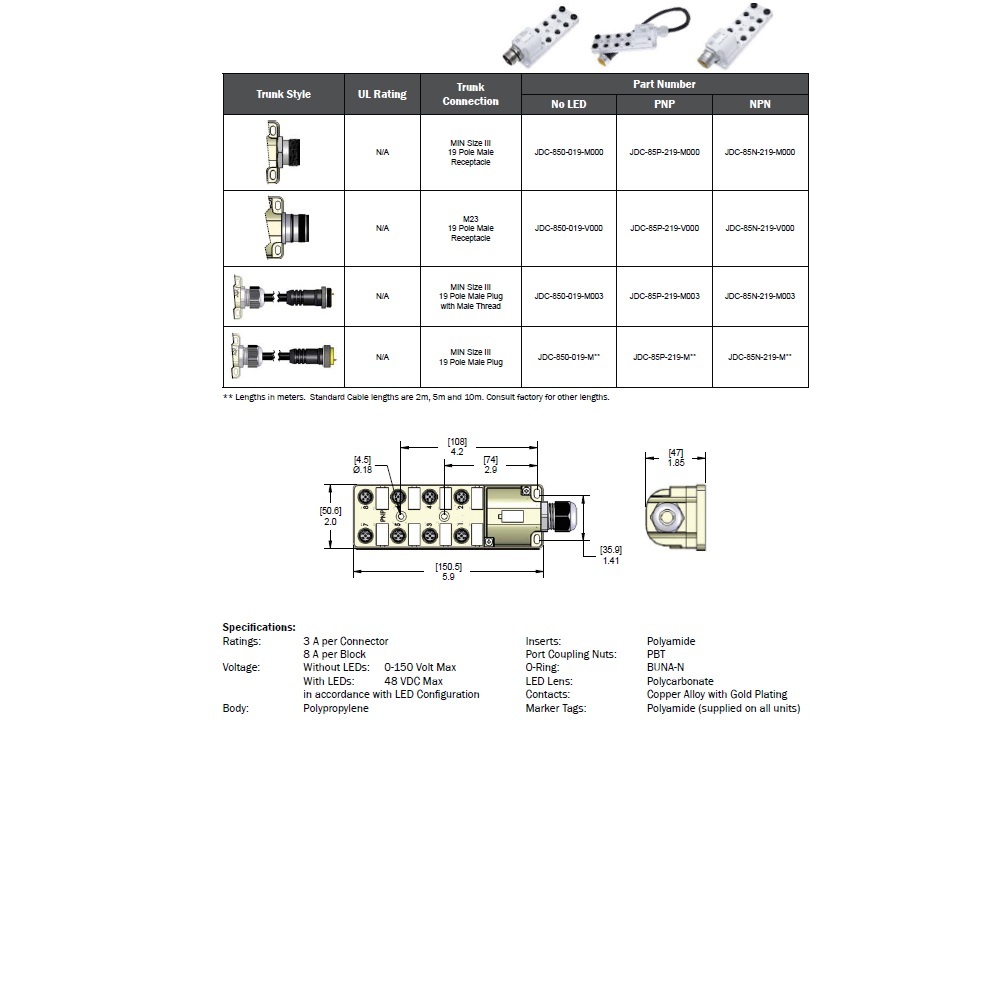 JDC-85P-219-M000 MENCOM JUNCTION BLOCK 8-5 PIN M12 / 19 PIN 1 1/8" MINI SIDE 48VAC/DC PNP LED
