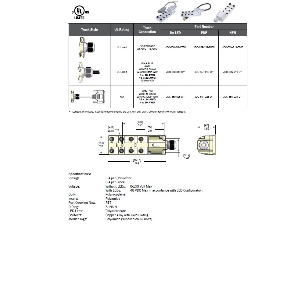 JDC-850-019-C050 MENCOM JUNCTION BLOCK 8-5 PIN M12 / 5M SIDE PUR BK 48VAC/DC