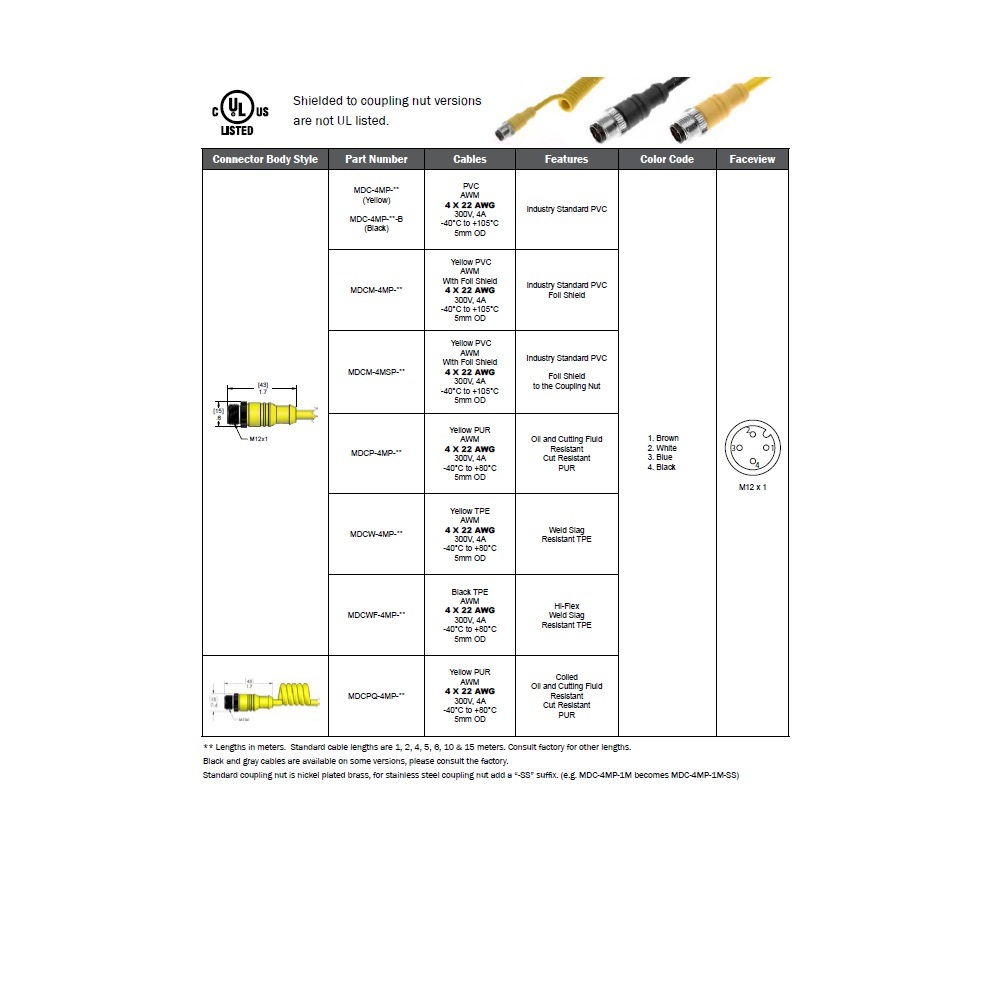 MDC-4MP-5M MENCOM CORDSET 4 PIN M12 MALE STR 5M PVC YE 22AWG 300VAC/DC