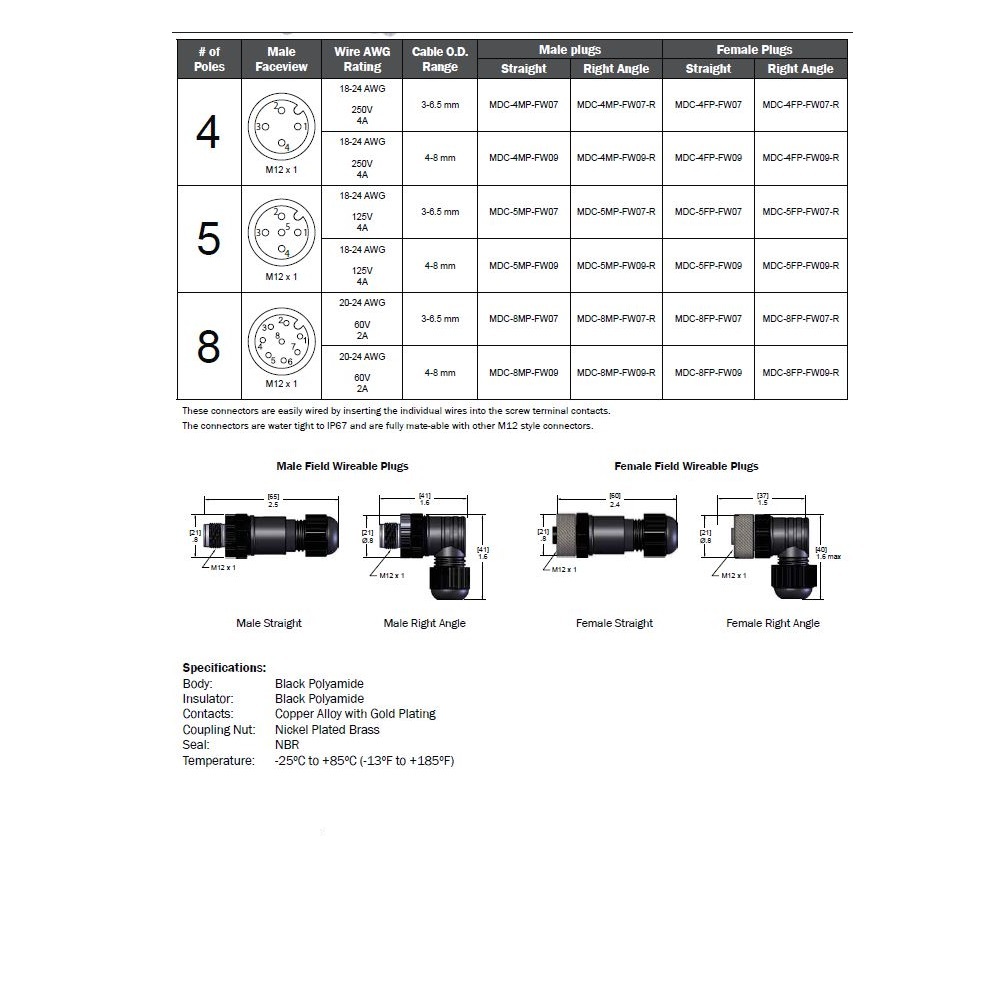 MDC-4MP-FW07 MENCOM CIRCULAR CONNECTOR 4 PIN M12 MALE STR FW PG7 CG 250VAC/DC