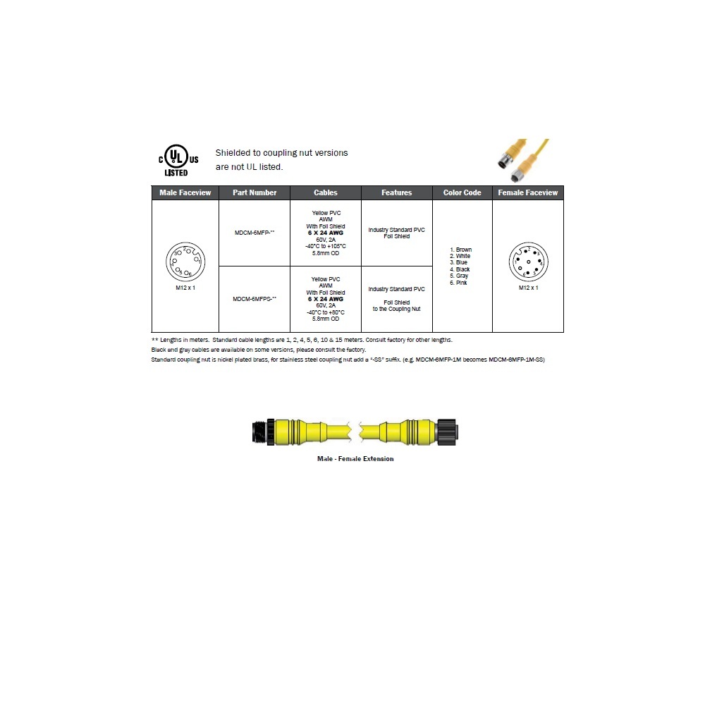 MDCM-6MFP-5M MENCOM CORDSET 6 PIN M12 M/F STR 5M PVC YE 22AWG 300VAC/DC