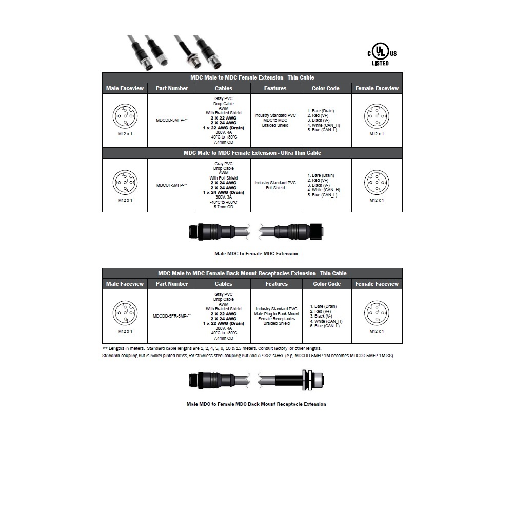 MDCDD-5MFP-2M MENCOM DEVICENET CORDSET 5 PIN M12 M/F STR 2M PVC GY 22/24AWG 300VAC/DC SHIELDED