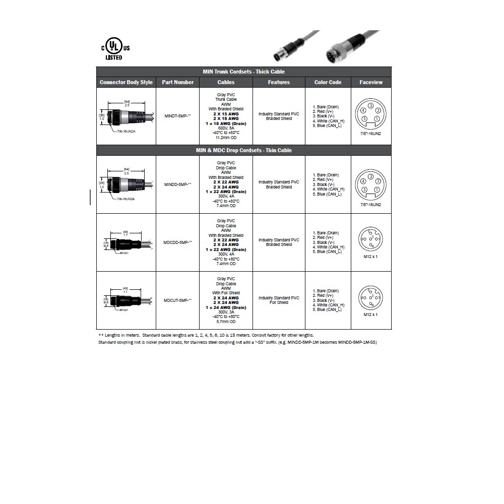 MDCDD-5MP-10M MENCOM DEVICENET CORDSET 5 PIN M12 MALE STR 10M PVC GY 22/24AWG 300VAC/DC SHIELDED