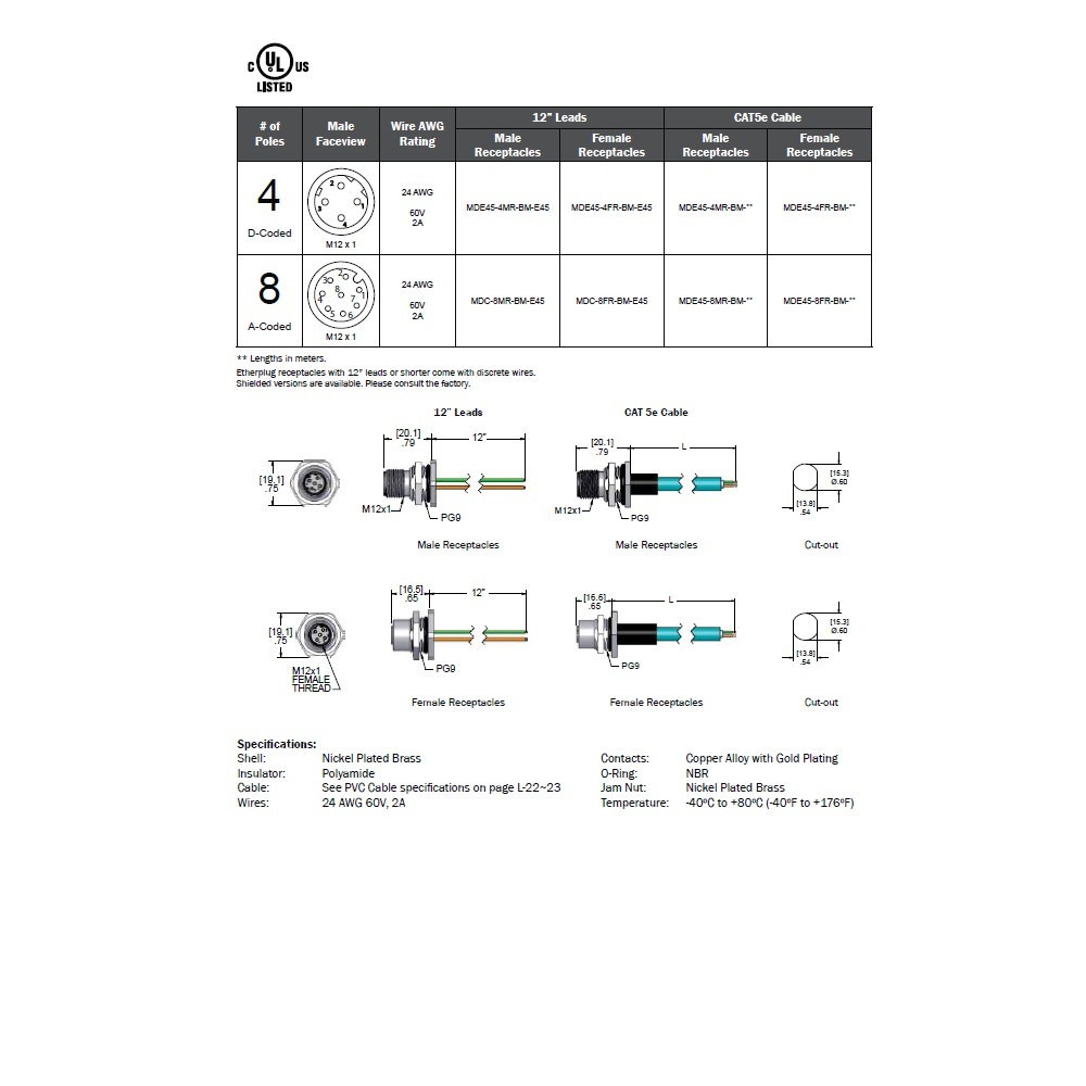 MDE45-8FR-BM-2M MENCOM ETHERNET CORDSET 8 PIN M12 FEMALE STR BM 2M PVC TEAL HI-FLEX 24AWG 60VAC/DC