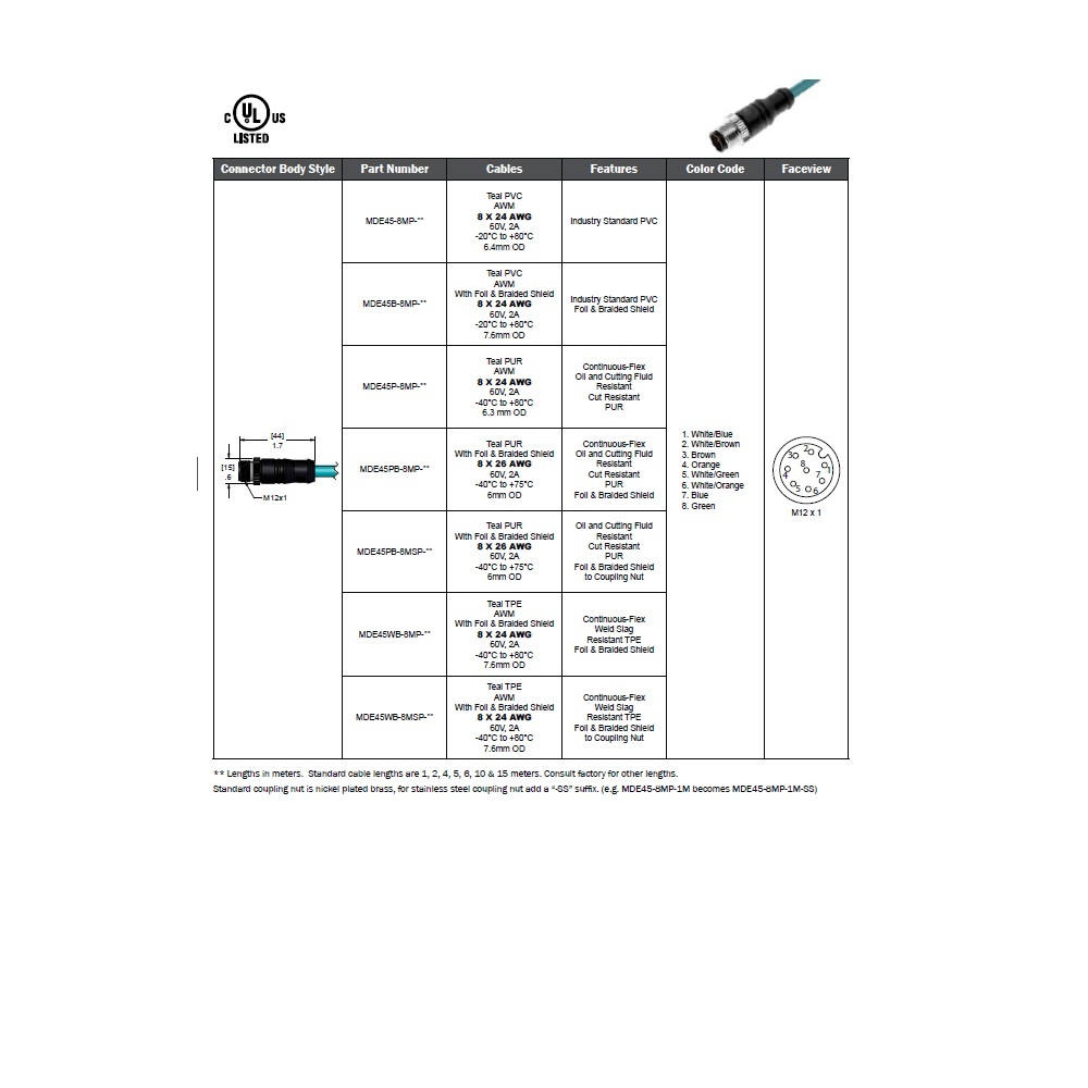 MDE45-8MP-5M MENCOM ETHERNET CORDSET 8 PIN M12 MALE STR 5M PVC TEAL HI-FLEX 24AWG 60VAC/DC