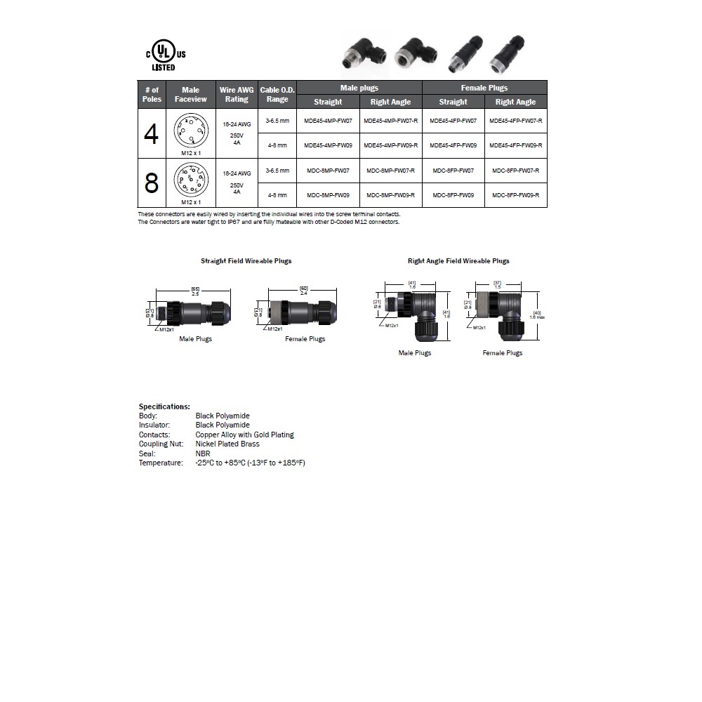 MDE45-4FP-FW07 MENCOM ETHERNET RECEPTACLE 4 PIN M12 FEMALE STR FW PG7 CG 250VDC