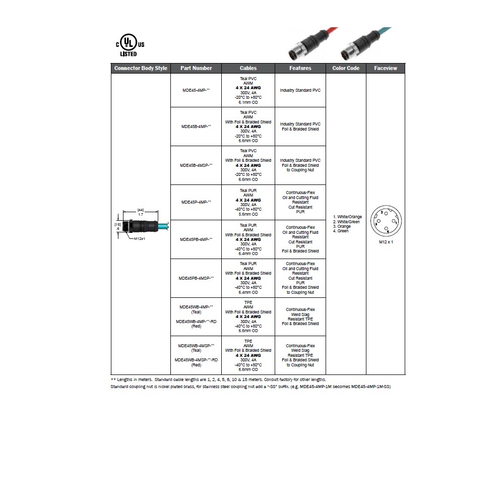 MDE45-4MP-5M MENCOM ETHERNET CORDSET 4 PIN M12 MALE STR 5M PVC TEAL HI-FLEX 24AWG 60VAC/DC