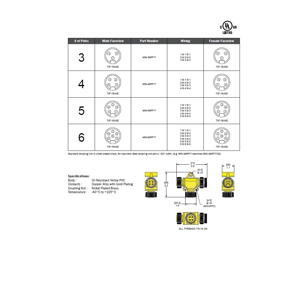 MIN-3MFF-T MENCOM SPLITTER 3 PIN "T" 7/8" MINI F/M/F 300VAC/DC