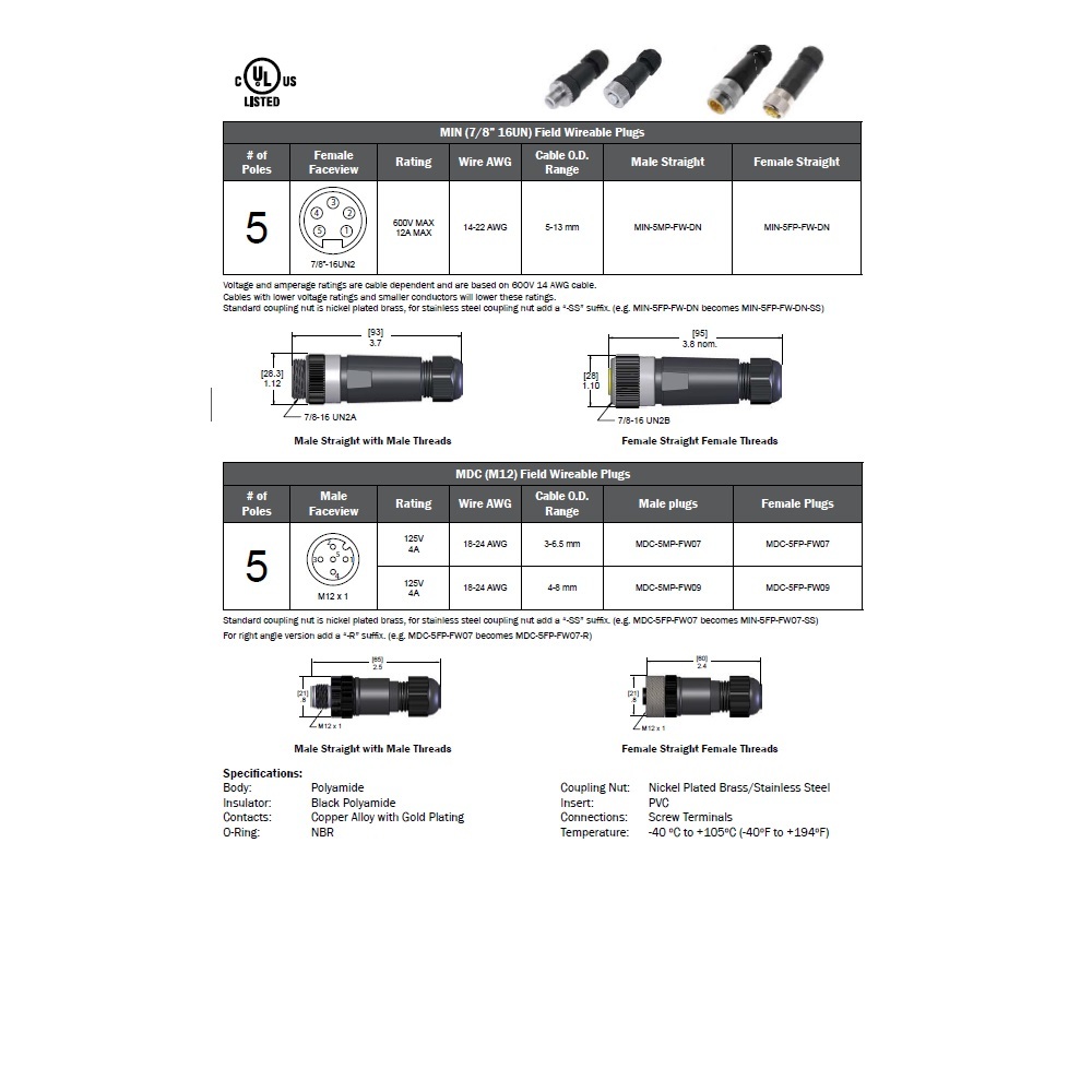 MIN-5MP-FW-DN MENCOM DEVICENET RECEPTACLE 5 PIN 7/8" MINI MALE STR FW PG16 CG 600VAC/DC