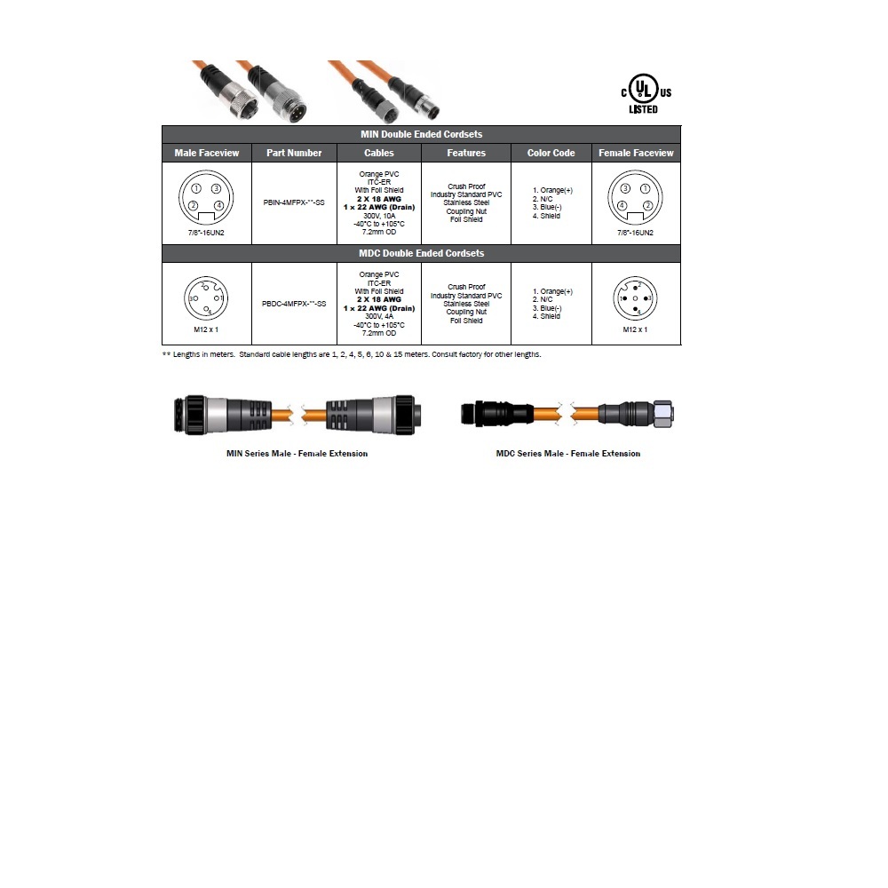 PBDC-4MFPX-6M-SS MENCOM PROFIBUS/PA CORDSET 4 PIN M12 M/F STR 6M PVC OR 18AWG 300VAC/DC SHIELDED SS