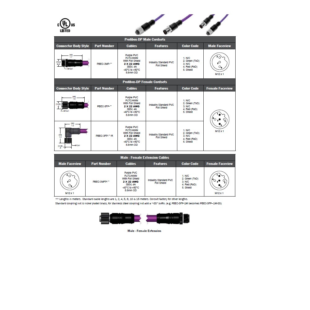 PBEC-3FP-2M MENCOM PROFIBUS/DP CORDSET 3 PIN M12 FEMALE STR 2M PVC VL 22AWG 300VAC/DC SHIELDED