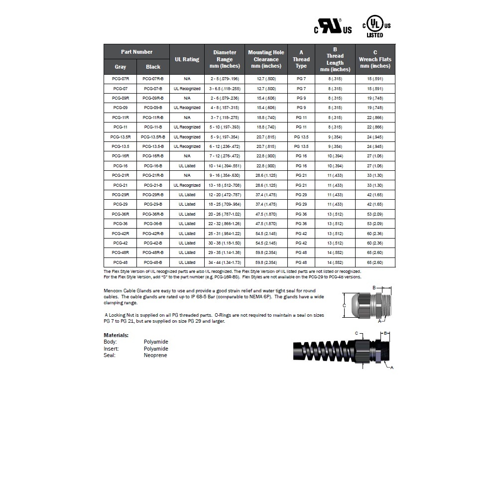 PCG-11-B MENCOM CABLE GLAND PG11 MALE THR 5-10MM CG PLASTIC (BLACK)