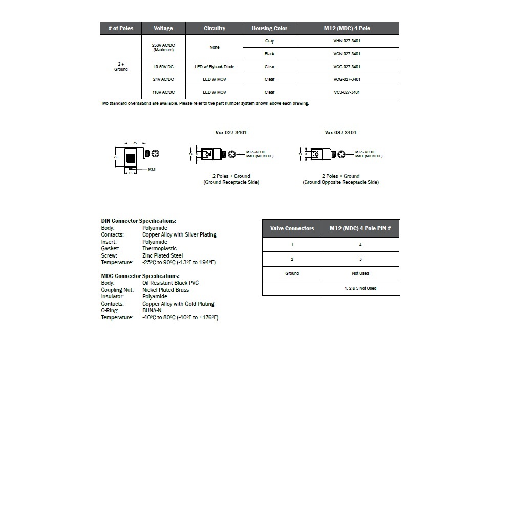 VCG-027-3401 MENCOM SOLENOID VALVE ADAPTER FORM C IND 2+G/4 PIN M12 MALE FW LED/MOV,  24VDC