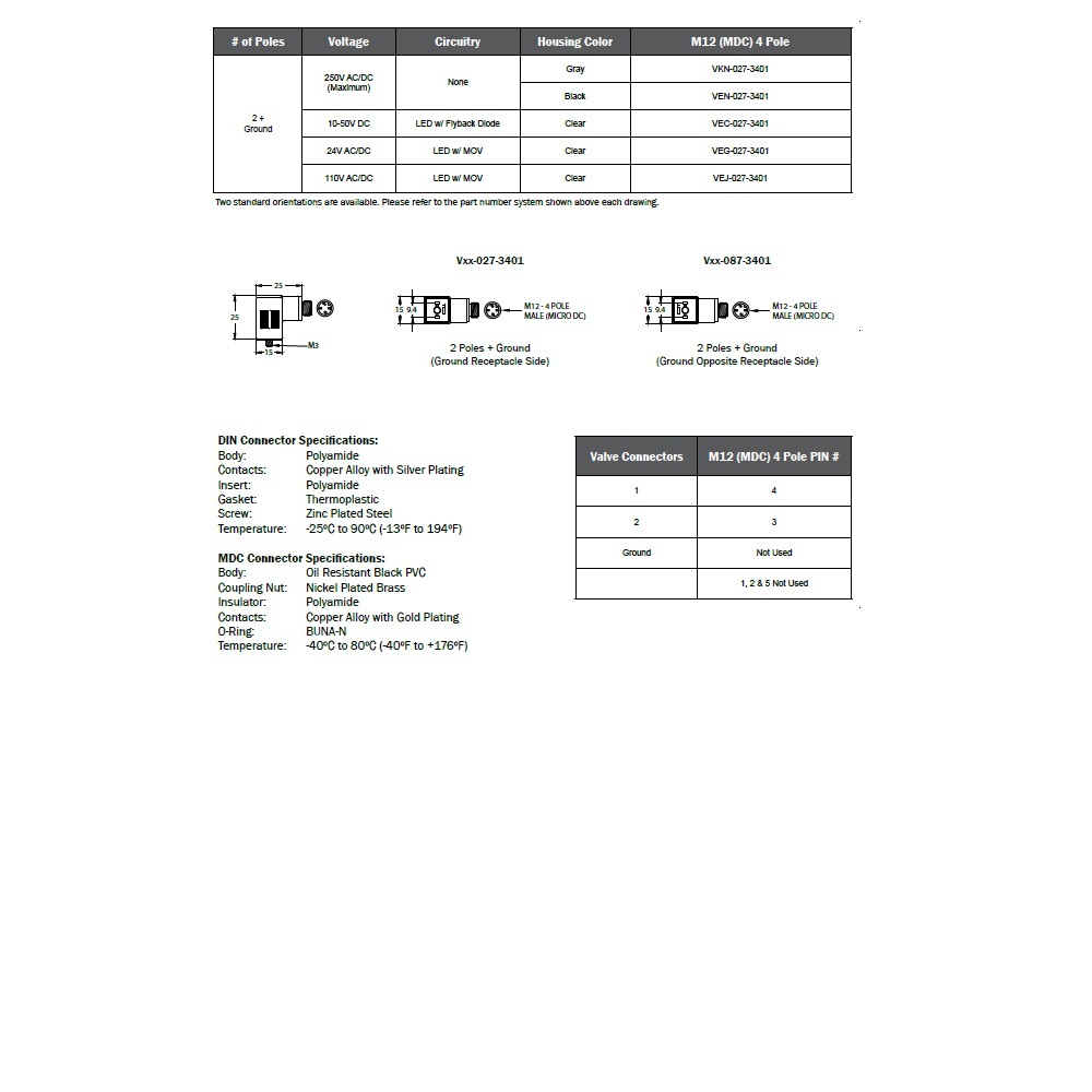 VEG-027-3401 MENCOM SOLENOID VALVE ADAPTER FORM C IND 2+G/4 PIN M12 MALE FW LED/MOV, 24VDC