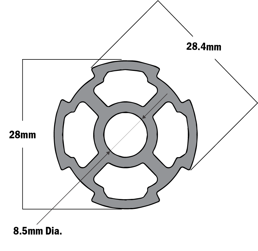 10D-28H-0 MODULAR SOLUTION D28 EXTRUDED PROFILE HEAVY 28MM OD FRAME WITH RIDGE MOUNT 4M LONG