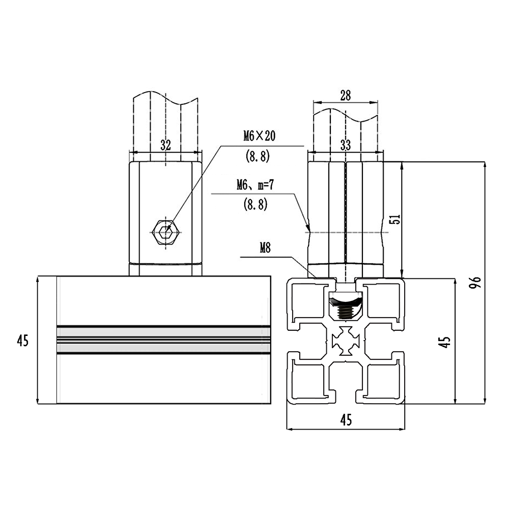 41D-157-3 SOLUTION D28 TO SQUARE PROFILE CONNECTOR CONNECTOR END TO 30 SERIES PROFILE