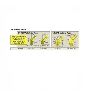 1/16LB6-45DEG MEM-CO BRASS FITTING 1/16" NPT MALE X 1/4" BARB 45DEG ELBOW