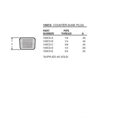 109CS-B ANDERSON BRASS FITTING 1/4" NPT MALE HEX COUNTERSUNK PLUG