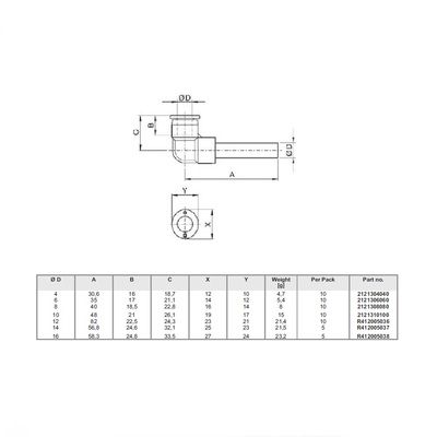 2121304040 NUMATICS/AVENTICS PLASTIC PUSH-IN FITTING 4MM TUBE X 4MM PLUG-IN ELBOW (OVAL)