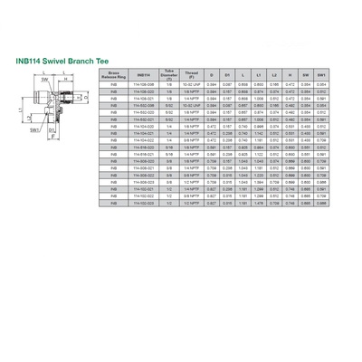 INB114-102-021 NUMATICS/AVENTICS NP BRASS PUSH-IN FITTING 1/2" TUBE X 1/4" NPT MALE SWIVEL BRANCH TEE