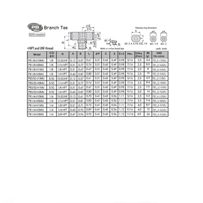 PB5/32-N1MU PISCO MINI PLASTIC PUSH-IN FITTING 5/32" TUBE X 1/8" NPT MALE BRANCH TEE