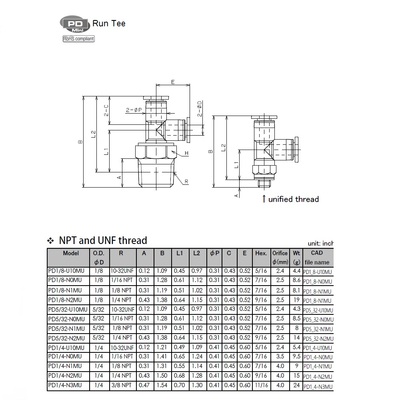 PD1/8-N1MU PISCO MINI PLASTIC PUSH-IN FITTING 1/8" TUBE X 1/8" NPT MALE RUN TEE