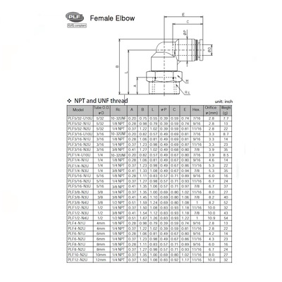 PLF1/4-01 PISCO PLASTIC PUSH-IN FITTING 1/4" TUBE X 1/8" BSPT FEMALE ELBOW