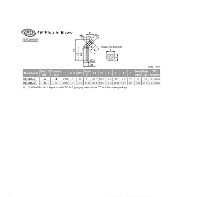 PLHJ6M PISCO MINI PLASTIC PUSH-IN FITTING 6MM TUBE X 6MM PLUG-IN 45DEG ELBOW