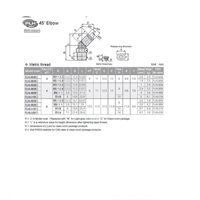 PLH4-M6M PISCO MINI PLASTIC PUSH-IN FITTING 4MM TUBE X M6 MALE 45DEG ELBOW