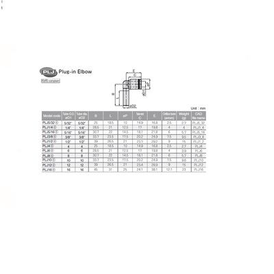 PLJ4 PISCO PLASTIC PUSH-IN FITTING 4MM TUBE X 4MM PLUG-IN ELBOW