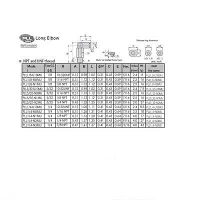 PLL1/8-N1MU PISCO MINI PLASTIC PUSH-IN FITTING 1/8" TUBE X 1/8" NPT MALE EXT ELBOW