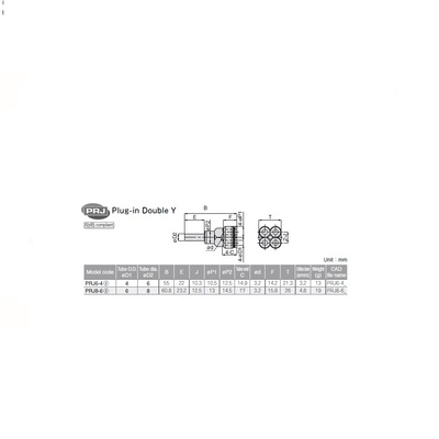PRJ6-4 PISCO PLASTIC PUSH-IN FITTING 4MM PLUG-IN X 4MM TUBE X 6MM TUBE(4) DBL "Y"