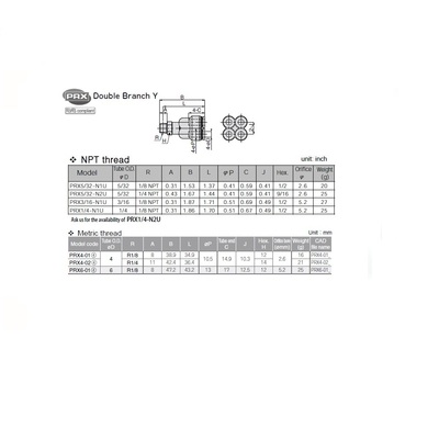 PRX4-02 PISCO PLASTIC PUSH-IN FITTING 1/4" BSPT X 4MM TUBE MALE DBL BRANCH "Y"
